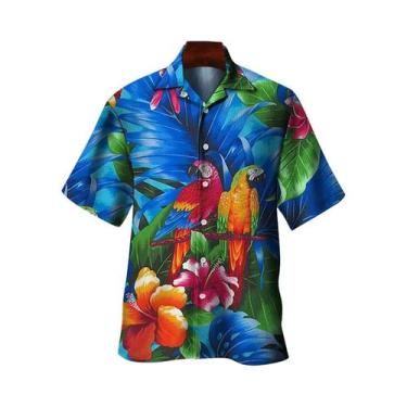Imagem de Camisa Havaiana Floral 3D Com Estampa De Papagaio Para Homens E Mulher