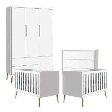 Imagem de Quarto de Bebê Theo 3 Portas com 02 Berços e Cômoda Gaveteiro Branco A