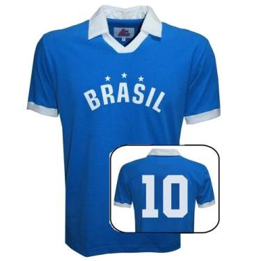 Imagem de CAMISA BRASIL PELÉ Nº 10 RETRÔ POLO ALGODÃO AMARELA AZUL NF - Liga Ret