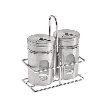 Imagem de Saleiro e Pimenteiro Vidro e Aço Inox 2 Peças - com Suporte Hauskraft 