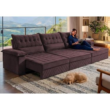 Imagem de Sofá Retrátil e Reclinável 3,90m com Molas e Espuma D33 Thunder. Velusoft Cama inBox