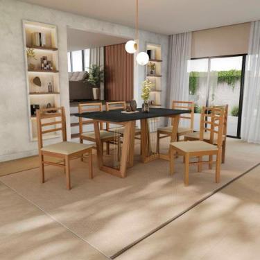 Imagem de Conjunto Sala de Jantar Elisa em Madeira Maciça 6 Cadeiras Boucle Bege