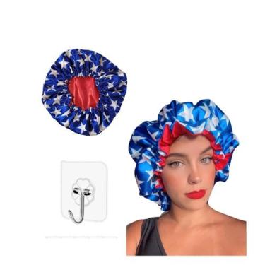 Imagem de Touca de Cetim Antifrizz Dupla Face Azul e Branco - Beleza Express