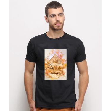 Imagem de Camiseta masculina Preta algodao Esfinge Piramide Watercolor Arte