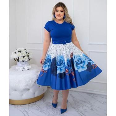 Imagem de Vestido Midi Godê Azul Florido Estampado Acompanha Cinto - Rosana Moda
