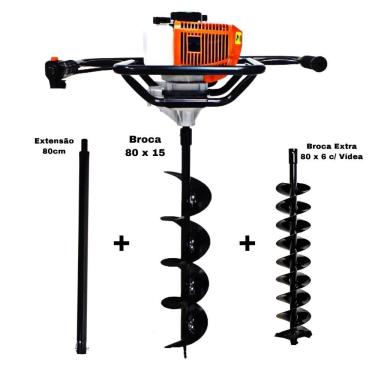 Imagem de KIT Perfurador de Solo Vulcan VPS520-S 2T 52CC 2,5HP com Broca 80x15cm + Kawashima Extra Broca 80x6cm + Extensão 80cm