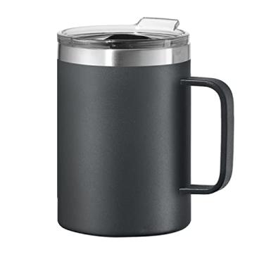 Imagem de OGGI Caneca térmica ThermoMug de aço inoxidável - parede dupla isolada a vácuo com alça e tampa, xícara de café, caneca de acampamento, garrafa térmica de viagem, 420 ml, preta