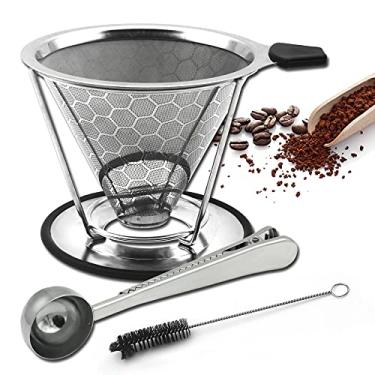 Imagem de LIGICKY Filtro de café reutilizável Pover sobre filtro de café, dose única, coador de café manual de aço inoxidável, coador de café com cone de metal, máquina de café sem papel com suporte de copo removível, escova de limpeza, colher de café