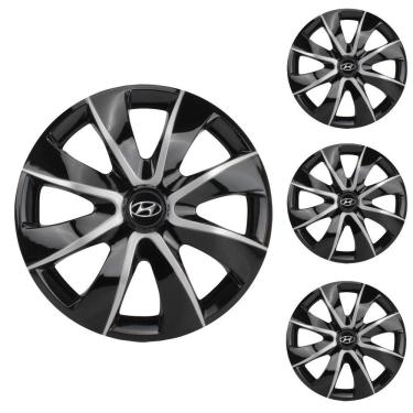 Imagem de Jogo Calota Aro 14 Prime Black Silver Elitte Preto Prata + Emblema Resinado Hyundai (HB20 HB20S)