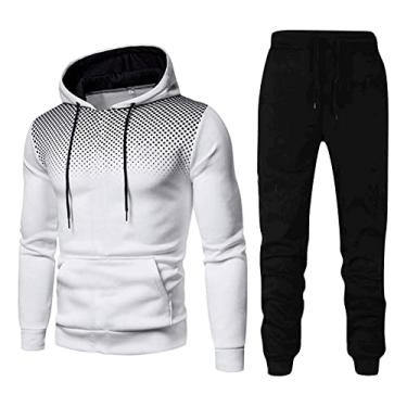 Imagem de Conjunto de moletom masculino 2 peças outono inverno casual sólido jogger esporte academia bolsos moletom manga longa moletom com capuz e calça de moletom, Ponto branco, M