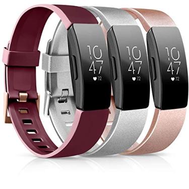 Imagem de [Pacote com 3] Pulseiras de TPU macias compatíveis com Fitbit Inspire HR/Fitbit Inspire/Fitbit Ace 2 pulseiras esportivas à prova d'água para Fitbit Inspire HR Fitness Tracker, 08 Wine Red/Silver/Rose Gold, Small