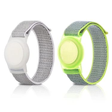 Imagem de Pacote com 2 pulseiras infantis para AirTag, pulseira de relógio de nylon, suporte para rastreador GPS, capa protetora compatível com Apple Air, pulseira ajustável antiperda para bebês e crianças idosos (amarelo + cinza)
