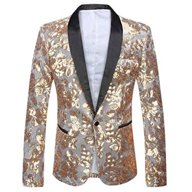 Imagem de Blazer masculino brilhante de lantejoulas, terno slim fit com um botão, casacos esportivos elásticos para jantar, baile, festa, ouro, P (busto: 104 cm)