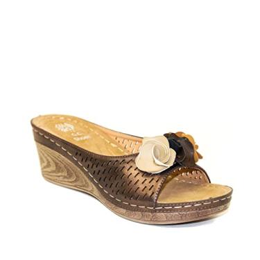 Imagem de GC Shoes Sandálias femininas de cunha, bico aberto, plataforma de salto médio, tanga de couro vegano confortável com alça de flor, flora, Bronze Julieta, 37