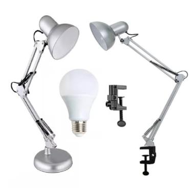 Imagem de Luminária Mesa 2x1 Metal Abajur Lâmpada Base Garra Flex + Lâmpada LED GIMPO 811c Cor: Prata