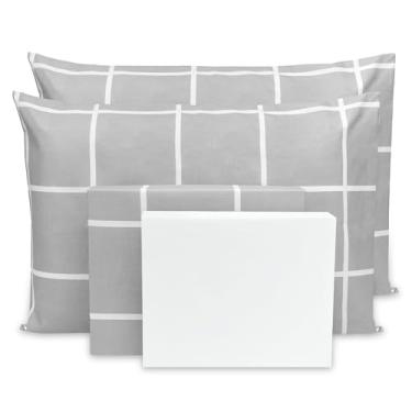 Imagem de Lençol Queen 4 pçs Estampado Percal Flex 400 Fios Toque Acetinado - 40cm de altura (Grid Cinza/Branco)