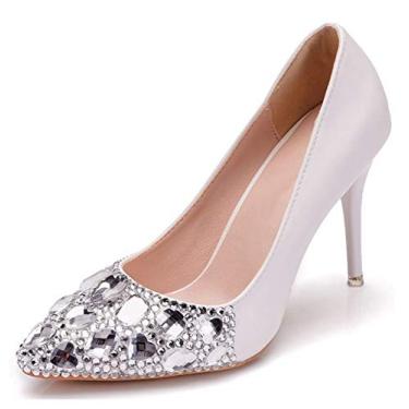 Imagem de Minishion Sapatos femininos brilhantes para casamento e noiva com salto agulha, Salto de 9 cm marfim/prata, 10