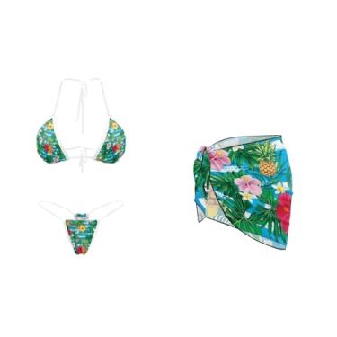 Imagem de Yewattles Conjunto de biquíni triangular, 3 peças, com saída de sarongue para mulheres, biquíni com cordão de amarrar no pescoço, Flor tropical, XXG