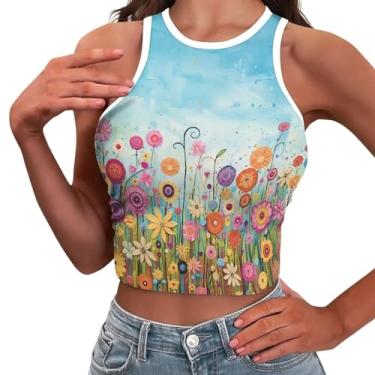 Imagem de Yewattles Top curto sexy para mulheres gola alta camisetas colete regata menina roupas de verão PP-2GG, Flor colorida, M
