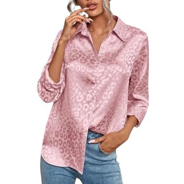 Imagem de YTPTPST Camisas Femininas Estampadas De Cetim Lapela BotãO Para Baixo Blusas Leves Casuais Tops De Trabalho Requintados,Pink,M