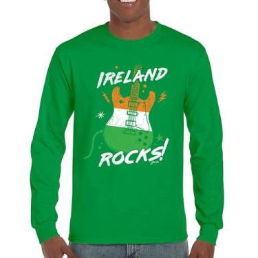 Imagem de Camiseta de manga comprida com bandeira de guitarra Ireland Rocks Dia de São Patrício Shamrock Groove Vibe Pub Celtic Rock and Roll cravo, Verde, GG