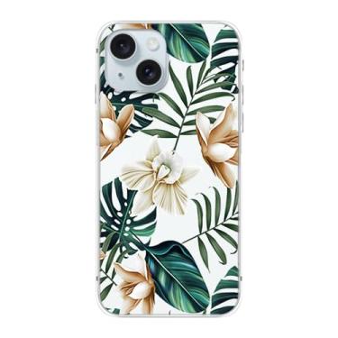 Imagem de Blingy's Capa para iPhone 15, estampa de flores da selva tropical com design de folhas de palmeira capa protetora transparente de TPU macio de 6,1 polegadas (samambaia de pétala branca)
