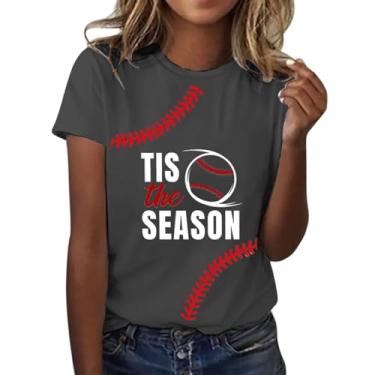 Imagem de Camiseta feminina de verão, gola redonda, manga curta, camiseta divertida de beisebol, estampada, túnica casual de ajuste solto, Cinza escuro, GG