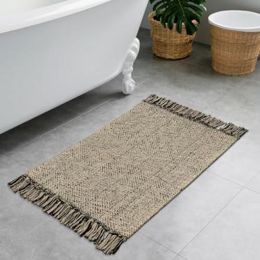 Imagem de Collive Tapete de banheiro pequeno lavável 5 x 7 cm, tapete de porta frontal de baixo perfil natural/preto, tapete de entrada de casa de fazenda, tapete de cozinha reversível de algodão para decoração