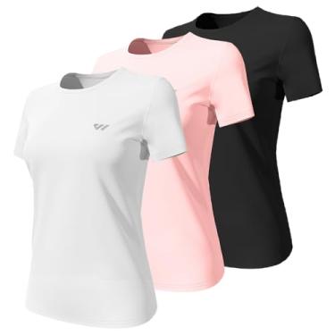Imagem de Pacote com 3 a 5 camisetas femininas para corrida, secagem rápida, gola redonda, academia, atividades esportivas, camisetas com proteção solar, FPS 50+, 9-preto-branco-rosa, XXG