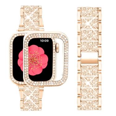 Imagem de Supoix Compatível com Apple Watch Band + Case, Joias Femininas Bling Diamond Metal Strap & 2 Pacotes de Protetor de Tela de Moldura de Para-choque para iWatch Series 42 mm