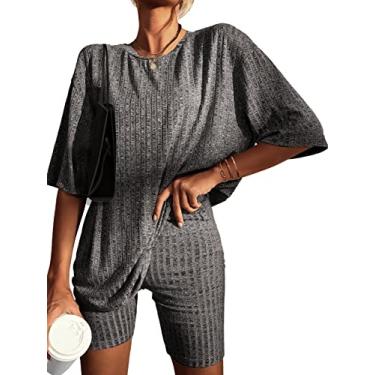 Imagem de Ekouaer Conjunto de 2 peças de pijama de malha canelada combinando camiseta shorts de motociclista, Preto, cinza, Small