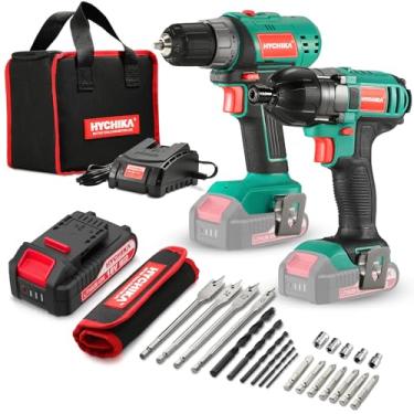 Imagem de Furadeira sem fio e chave de impacto 20 V, kit combo de brocas HYCHIKA, 2 baterias de 2 x 2,0 Ah, carregamento rápido de 1H, 22 peças de acessórios para perfuração de madeira, metal e plástico