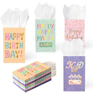 Imagem de DjinnGlory Pacote com 36 sacos pequenos de presente de feliz aniversário com alças e papel de seda rosa para meninas, crianças, mulheres, lembrancinhas de festa de aniversário, guloseimas, 23 x 14 x