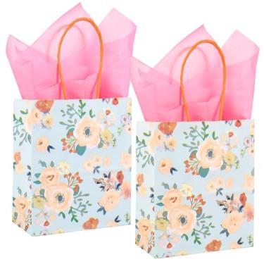 Imagem de Pacote com 24 mini sacos de presente de papel floral pequenos sacos verdes para lembrancinhas de festa com alças e papel de seda rosa para casamentos, chás de bebê de noiva, aniversários, festas de