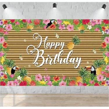 Imagem de Decorações de aniversário havaianas faixa havaiana feliz aniversário pássaros e flores tropicais decoração de aniversário grande havaiano verão tropical luau pano de fundo de aniversário decoração de