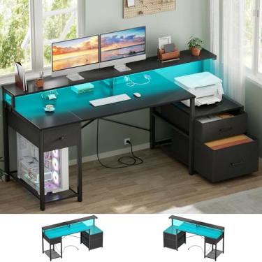 Imagem de Aheaplus Mesa de computador com 3 gavetas, mesa de escritório em casa com gaveta de arquivos e tomada, mesa de jogos de 149 cm com luzes LED, mesa de trabalho longa com prateleiras de armazenamento,