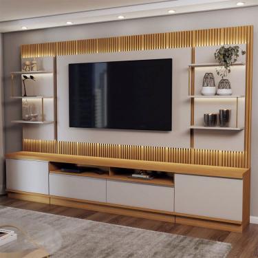 Imagem de Estante para TV Até 70 Polegadas Horizonte 2 Portas 2 Gavetas Ripado com Led Tauari/Off White Fosco - Panorama Móveis