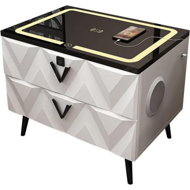 Imagem de Mesa de cabeceira inteligente com luz LED de luxo moderna com 2 gavetas, porta de carregamento sem fio e organizador de bloqueio de impressão digital Armário de armazenamento com alto-falant