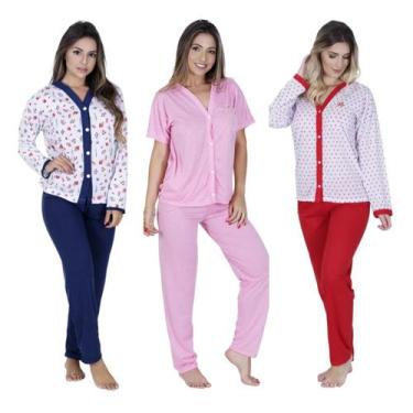 Imagem de Kit 3 Pijama Botão 2 Manga Longa 1 Manga Curta Cirurgia Pós parto Hosp