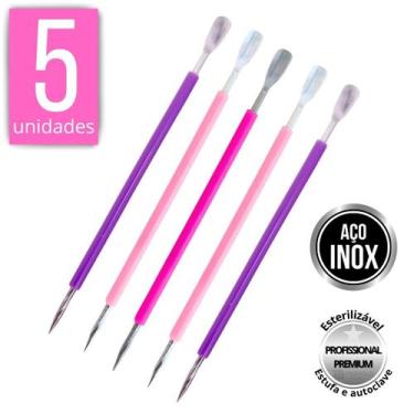 Imagem de Kit 5 Espátula Mista Empurrador Curvo Palito Silicone Cutícula Manicur