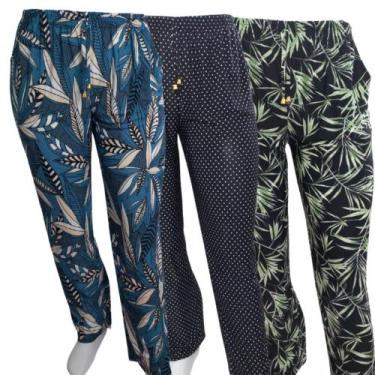 Imagem de Kit 3 Calça Feminina Malha  Fria Liganete Estampadas  Com Bolso Confor