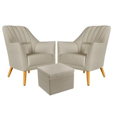 Imagem de Kit 2 Poltronas Orion Bordada com Puff Quasar Couro Bege Aradecor
