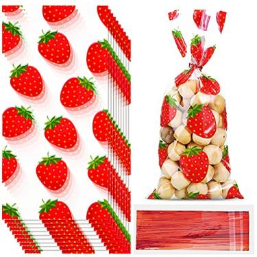 Imagem de Willbond 100 peças de sacos de festa de morango sacos de celofane de morango lembrancinhas de doces de plástico com 100 peças de laços torcidos para decorações de festa de aniversário com tema de