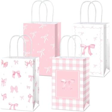 Imagem de 24 peças de sacos de lembrancinha de festa com laço rosa, sacos de doces para festas de despedida de solteira, decoração de laço, presente com alças para noivado de noiva, chá de bebê, suprimentos de