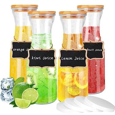 Imagem de Jarras para suprimentos de bar Mimosa, jarras de vidro de 1000 ml, dispensadores de bebidas com tampas e etiquetas de bambu, jarra de suco transparente para bar Mimosa, vinho, chá gelado, leite,