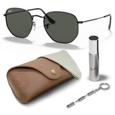 Imagem de Ray-Ban RB3548N Óculos de sol hexagonais planos com kit de óculos – protetores de nariz ajustáveis – Óculos de sol retrô, Armação preta polida | Lente verde G-15, 54mm