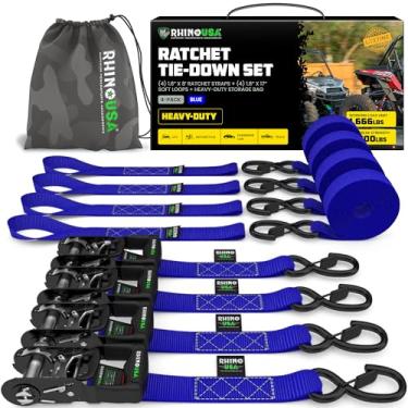 Imagem de Kit catraca de cintas Rhino USA, 4 unidades, 4 cm x 2,5 m, resistência à ruptura de 2,4 kg, amarração com ganchos de segurança S para caminhonetes, quadriciclo, UTV, motocicletas, cargas – azul