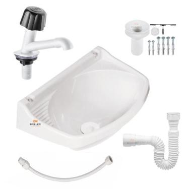 Imagem de Pia Lavatorio Plastico Branco Banheiro + Torneira + Sifão - Metasul