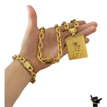 Imagem de Corrente Cadeado 14mm + Pulseira + Pingente - Banhado a Ouro - ToJoia1