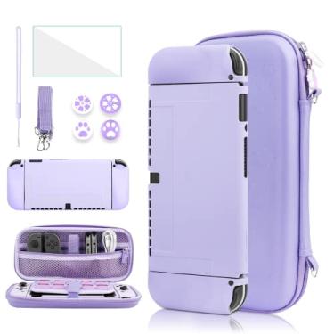 Imagem de GLDRAM Estojo de transporte para Nintendo Switch OLED, kit de acessórios 9 em 1 fofo com estojo de viagem, capa de TPU macia, protetor de tela de vidro, tampas de aperto de polegar, pulseira, alça de ombro para meninas – roxo